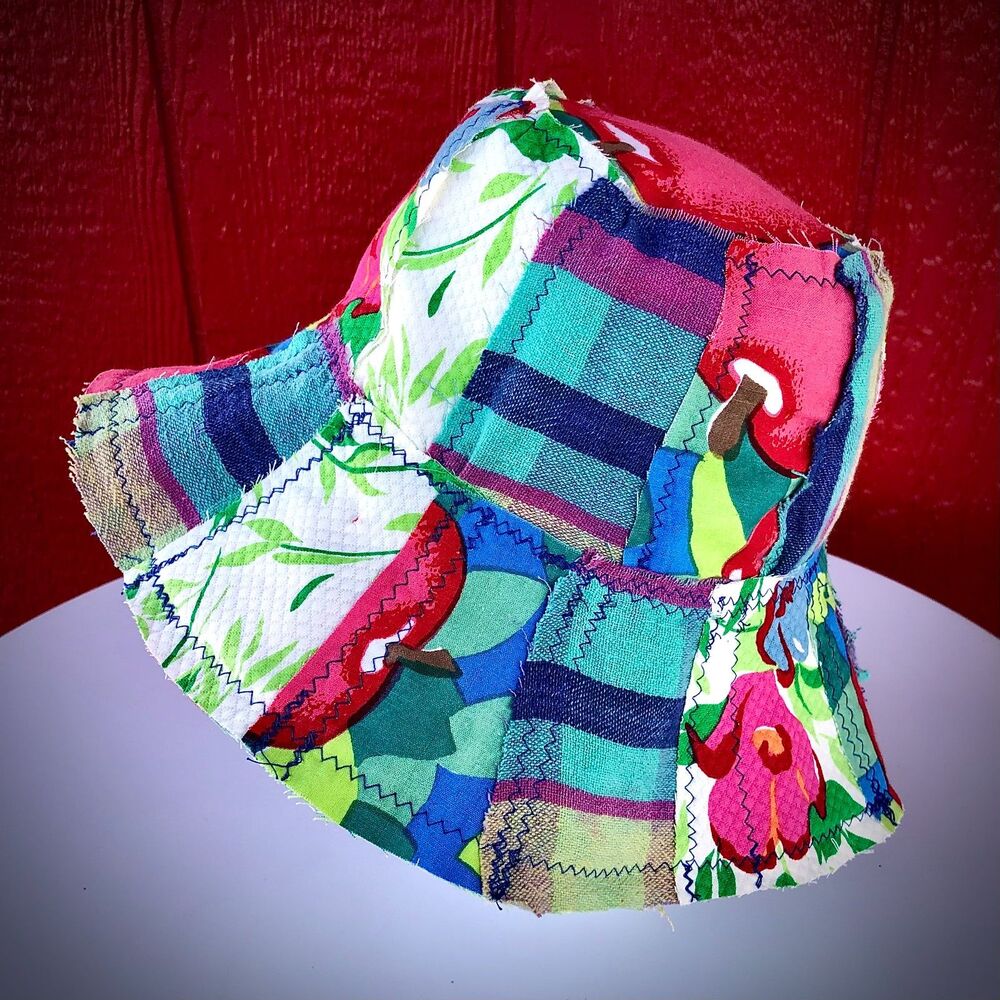 Patchwork Floppy Hat Upcycled Wearable Art Vintage Plaid- One Size - Picture 2 of 4